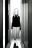 Placeholder: blonde girl walks down corridor in the dark, greyscale