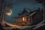 Placeholder: night, hunter cabin, apocalyptic background, comic book,