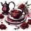 Placeholder: watercolor drawing gothic maroon tea set with flowers, rubies and lace, on a white background, Trending on Artstation, {creative commons}, fanart, AIart, {Woolitize}, by Charlie Bowater, Illustration, Color Grading, Filmic, Nikon D750, Brenizer Method, Side-View, Perspective, Depth of Field, Field of View, F/2.8, Lens Flare, Tonal Colors, 8K, Full-HD, ProPhoto RGB, Perfectionism, Rim Li