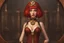 Placeholder: a skinny Cleopatra, with a bob red hairstyle, standing in a steampunk setting.