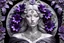 Placeholder: A silver-haired statuesque woman with black-purple silk flowers blooming around her head like a halo. She black to be carved from a block of marble, showcasing an intricate and flawless design. Her enchanting shiny gaze and the delicate flowers, plants decorations surrounding her make this piece a perfect representation of artistry , mystic fantasy and elegance.