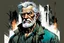 Placeholder: create a full body portrait illustration of a an aged grey haired, coarsely shaved, raggedly dressed, post apocalyptic, skid row derelict , with highly detailed and deeply cut facial features, in the comic art style of FRANK MILLER and BILL SIENKIEWICZ, searing lines and forceful strokes, precisely drawn, boldly inked, with gritty textures, vibrant colors, dramatic otherworldly lighting