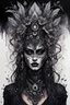 Placeholder: portrait vantblack pouring Acrylic an cyberpunk shaman woman extremely textured botanical-metal faced portrait with a voidcore metal gothica headdress with metallic filigree gothica ornaments around onix stones mineral stone metallic watercolour an black ink filigree silver voidcore shamanism foral ornaments plants and tree branches black ink on half face masque gothica filigree voidcore athmospheric organic bio spiral ökoart creepy stunning