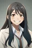 Placeholder: Anime, brown woman with long black hair and a lab coat with hazel eyes, smiling