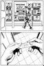 Placeholder: uncolored comic book page: top panel(man on his way out the door walks past a display of televisions on which a bulletin of wanted criminals mugshots appears, higher over the shoulder camera perspective), bottom panel(pov a woman's hand with acrylic nails holding a pregnancy test that shows a positive result, tile floor below), panels divided at a 30 degree angle