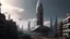 Placeholder: A small, long, sleek Spacecraft in a ruined alien city, surrounded by tall damaged buildings, clear sky, small white clouds, photorealistic