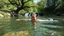 Placeholder: very beautifu lady is Breaststroke swimming in a beautiful river in country side with water falls and big tree,wild flowers and, ,heaven escape,