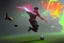 Placeholder: Oil painting, full body of a soccer player, he is kicking the ball, the ball is flying, bright but not neon colours, dynamic lines, dynamic blobs, spots, lines in the background of the character, splash like a colour explosion