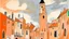 Placeholder: A light rosy orange colored city with a tower painted by Pablo Picasso