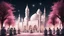 Placeholder: Hyper Realistic lots of men-praying-outside a beautiful grand-white-&-pink-mosque with Ramadan-lighting-decorations at dark night with stars on sky & tree-arches