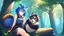 Placeholder: Girl, blue hair, raccoon ears, raccoon tail, raccoon face, forest, sit on tree, raccoon paws on hand, paws on foot, raccoon face