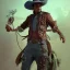 Placeholder: Insanely detailed photograph of an “ a midevil cowboy warrior "with worn Sombrero, handsome charo,cigar,glowing bluish green orb in outstretched hand, hyperdetailed painting by Ismail Inceoglu Huang Guangjian and Dan Witz CGSociety ZBrush Central fantasy art album cover art,8K, hdr, mysterious, flickeringlights ,Stoic