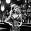 Placeholder: [shot from the movie The Untouchables 1920] Barbarella with her signature sultry appearance is The Dark Lord's Granddaughter: in a bar during prohibition with her bloody fangs, a lace dress , she shops for blood in a dark, ominous curiosity shop filled with bottles of whiskey, in the background people are playing cards with a vintage 1921 Thompson submachine gun with a 100-round drum magazine in her hand