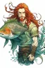 Placeholder: fish scaled determined wet pirate nereid male with seaweed in long auburn hair