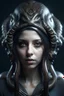 Placeholder: Realistic photolike looking Headshot of human female character with two psionic tentacles on head. Eyelids were closed. Set in spacefaring future.