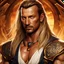 Placeholder: craig parker as handsome warrior king, muscular, long blonde hair, male age 30, wearing jeans and a white button-up shirt, tan skin, tattoos, photorealistic 4k dark fantasy