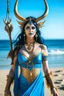 Placeholder: A picture of a blue faced Indian goddess with skin painted blue, wild black hair, deer antlers, elven ears, golden skirt, holding a bow on a sunny beach