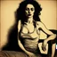 Placeholder: Breathtaking arab 30 years old woman with pale skin she is sitting on an old chair and has a tiny tanktop from the waist up, she has long black curly hair, petite figure, wide hips, prominent nose, thick lips, she has just been slapped around, by Egon Schiele, gustave dore, david mann, retro vintage style, hd photography, hyperrealism, graphite pencil drawing, realistic, natural, b&w illustration, fine art, beautiful watercolor painting, realistic, detailed, by olga shvartsur, svetlana novikova