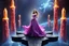 Placeholder: A breathtaking cosmic fantasy scene featuring a stunningly realistic beautiful woman with a perfect face and sculpted figure standing gracefully at the center of a floating geometric platform in deep space. She wears an elegant flowing gown in vibrant purple and pink hues that billow around her perfect form. The platform is constructed from dark cobblestone-like blocks arranged in a cross or star shape. Surrounding her are magnificent crystalline towers and pillars in gold, amber, and electric b