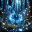 Placeholder: crystal butterfly made of gems made of different shades of blue, butterfly sitting on a glass flower in a magical enhacned night forest, glowing particles in background, amibent mood,16k resolution photorealistic, masterpiece, hight contrast, depth of field, breathtaking intricate details, realistic and lifelike cgi, dramatic natural lighting, reflective catchlights, high quality CGI VFX fine art