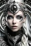 Placeholder: Beautiful faced young blond winter queen biomechanical woman, wearing silver goth punk metallic filigree floral face masque, adorned with goth punk silver metallic diadem headress, wearing biomechanical amalgamation style leather jacket dress ribbed with silver floral metallic filigree biomechanical vantablack pattern, organic bio spinal ribbed detail of gothic winter snowy backround extremely detailed maximalist hyperrealistic concept art