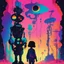 Placeholder: psychedelic colorful silhouette, big robot, little girl, Miró, vaporwave, moody