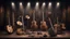 Placeholder: Hyper Realistic musical instruments orchestra on a dark vintage designed stage with dark grungy rustic background & vintage lights