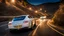 Placeholder: A sleek white shiny (((bentley x porsche))), (((cinematic view))), zipping along a winding road under a beautiful blue black night sky