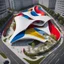 Placeholder: Aerial view Museum of art in the form of flower petals architecture style Zaha Hadid linear drawing colors red white blue and yellow hyper-detailed 8k