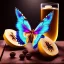 Placeholder: makrophoto butterfly, ancient, magic,on dark wooden table with drinking glass, banana, hairy hand