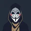 Placeholder: 18 bit pixelart of a shadow figure with a white smooth wide smiling mask fawkes