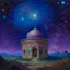 Placeholder: A violet cosmic Arabian palace with an observatory in the starry sky painted by Claude Monet