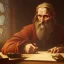 Placeholder: leonardo da vinci works in his study on a laptop at his desk. painting in photoshop. hyperdetailed, warm colors, movie poster, photoillustration, oil on canvas, lens flare