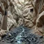 Placeholder: Fotografia iperrealistica di una spianata circondata da pareti di roccia chiara, con terreno argilloso e calcareo, e un piccolo un corso d'acqua che scorre su un letto di rocce scure. Su una parete di roccia si apre una finestra di un edificio che si trova all'interno della montagna, da cui alcune persone guardano il panorama. Su una parete a sinistra si aprono delle scale che scendono verso il torrente