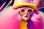 Placeholder: 60s era fashion model wearing color pencil shavings, space inspired, stars, pop colors, pencils, big colorful glasses, big fuzzy hat, paper dress, full body fashion, long pink hair, hyperrealistic, 4k, big yellow eyes, v4