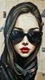 Placeholder: Bosch style painting , A face in details . The texture of the face is a collage of many peace’s of cur old pictures and newspapers parts sticks on the whloe girls face with black sunglasses in a collage style