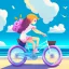 Placeholder: A girl is riding a bicycle on the beach. His cat is sitting in the front basket of the bicycle. Spring flowers can be seen everywhere. Beautiful blue sky with white clouds - kites in the sky. sense of peace. digital art, anime, 8k, full details, colorful, high resolution