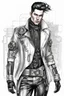 Placeholder: fashion illustration, sketches, futuristic man fashion, microchip designe shirt, black leather pant with silver accessories and belt buckle, steampunk and cyberpunk mixed style, sci-fi fashion style