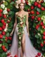 Placeholder: 📷🍓💃 length image pretty woman wearing a beautiful high details natural beuty color unique gown costume made of elements varieties strawberries fruits.green leaves and variaties roses,orchids flowers background