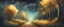 Placeholder: fantasy concept art forest path with golden trees, stormy night sky, shooting stars, linear, watercolour