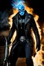 Placeholder: Ghost Rider with blue fire around his head, gritty, photograph