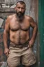 Placeholder: close up photography of an ugly 44 year old beefy robust burly turkish homeless, wearing his work unbuttoned shorts, shirtless, leaning with his back on the wall, hands on the fap, dirty, sweat, wet, ajar mouth, hairy chest, , very virile, short beard, shaved hair, sweat, , in a sunny street, photorealistic , frontal view from the ground