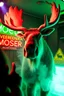 Placeholder: An big female moose with big eyes "Veronika Moser" performing at dance club, her name is "Moser" HAIRY FRUITS EVERYWERE On stage, Green Neon lights and smog, and "VERONIKA MOSER" big sign on the wall, "DU UND ICH UND MOSER" red plate sign, Swedish Yellow warning sign with moose