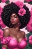 Placeholder: Create an comic style image of a curvy black female wearing a pink off the shoulder blouse and she is looking down with Prominent makeup. Highly detailed tightly curly black afro. Background of large pink and black flowers surrounding her