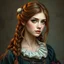 Placeholder: A pretty fantasy girl, hazel hair, intelligent, historical, colourful clothes, middle-aged