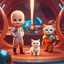 Placeholder: (masterpiece, best quality, 8k, RAW photo, beautiful and aesthetic:1.2), complex detail, Indirect light, photorealistic, (((full body))), 2 Cosmic Boss Baby style bald boy and girl smiling, long curved blonde hair , with a ginger cat companion, colorfull Sci-Fi environment