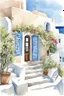 Placeholder: A distant view of an entrance of a Greek taverna in Santorini and surrounding houses . Watercolor art with ink outline, white bleed around image