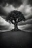 Placeholder: conceptual photo, art photo, illusion, fine arts, death, dark cloudy sky, surrealism, black and white, single tree, chestnut tree