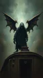 Placeholder: A scary hooded creature standing on a top of a train in painting style of Bosch nightmares