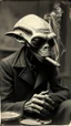 Placeholder: Get An old picture style of black and white mono very bad quality looks very old camera picture of an alien smoking a cigar , boss , year 1900